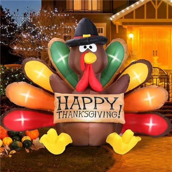 6FT Thanksgiving Inflatables Turkey Decor w/ Pilgrim Hat & Colorful Tail, LEDs - Picture 1 of 6